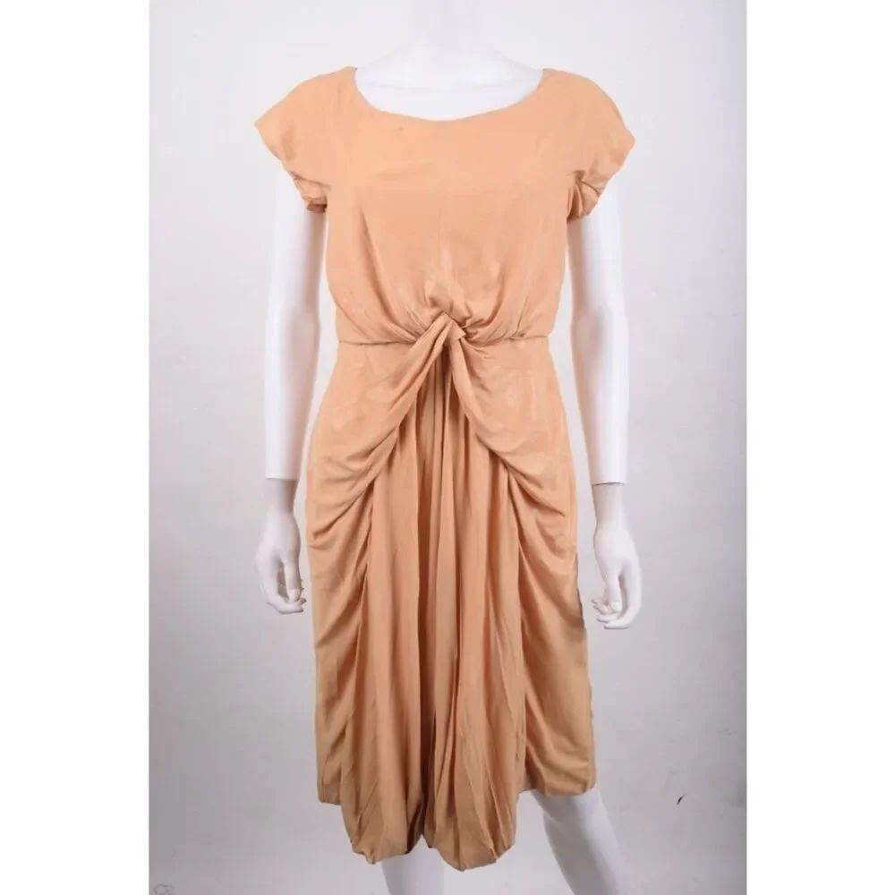 Vintage Alberta Ferretti Womans Dress IT 40 US 4 Tan Gathered Pleats Shimmer